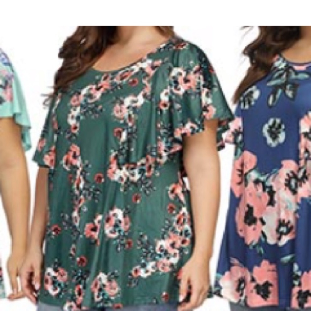 Plus Size Floral Printing Short Ruffle Sleeve